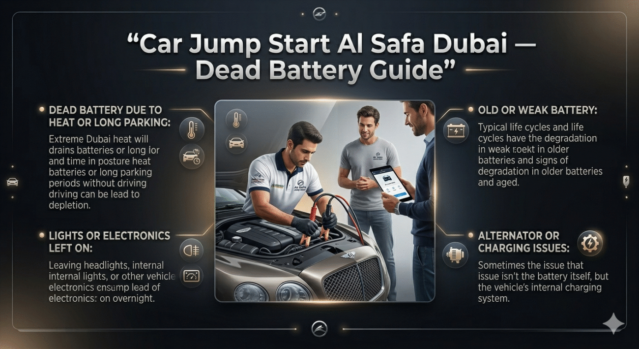 Infographic showing car jump start Al Safa Dubai with central luxury car image and side points explaining dead battery causes.