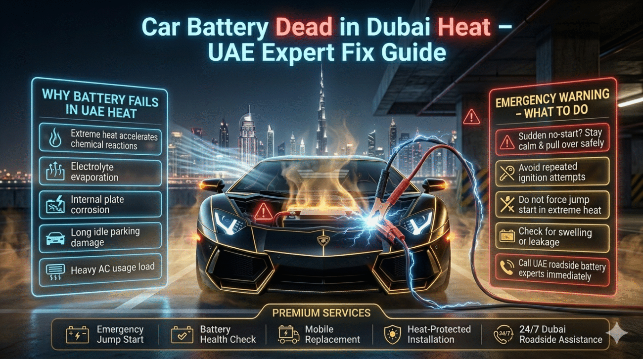 Car battery dead in Dubai heat infographic featuring a luxury supercar with jumper cables, glowing battery warning, and Dubai skyline background explaining causes and emergency actions.