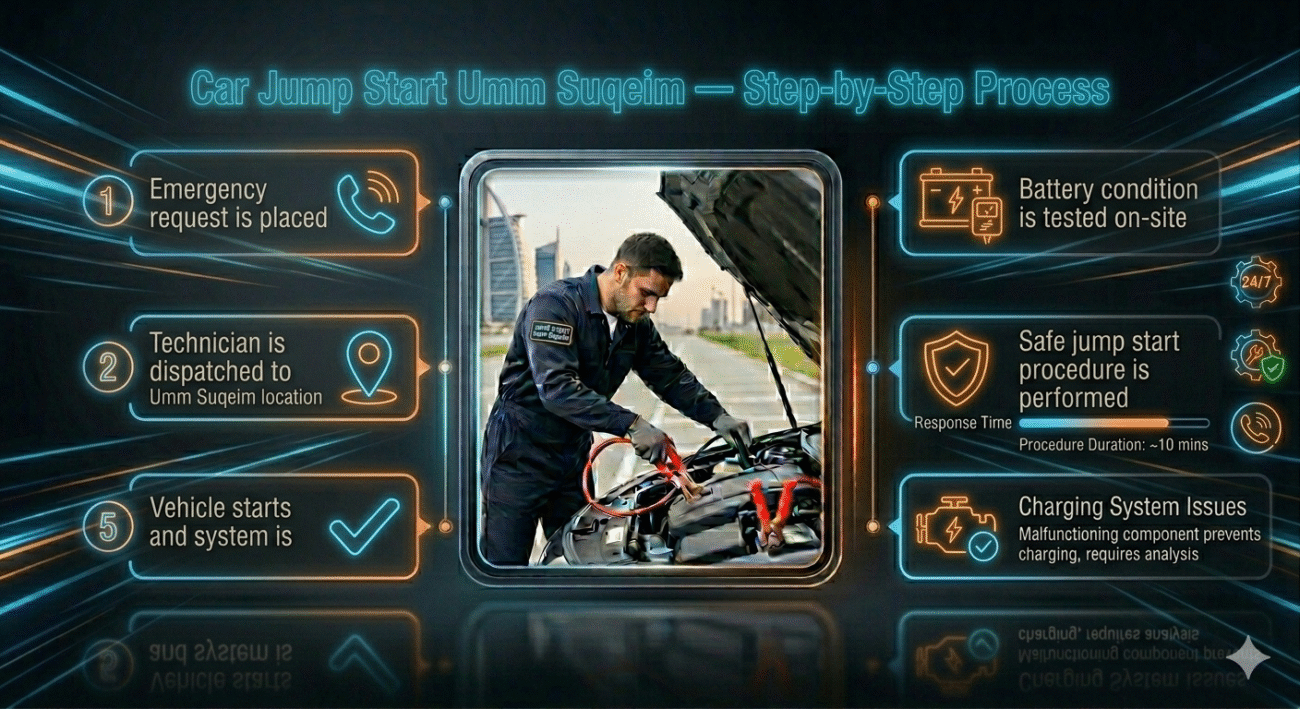 Infographic showing step-by-step car jump start process in Umm Suqeim with technician testing and starting a vehicle.