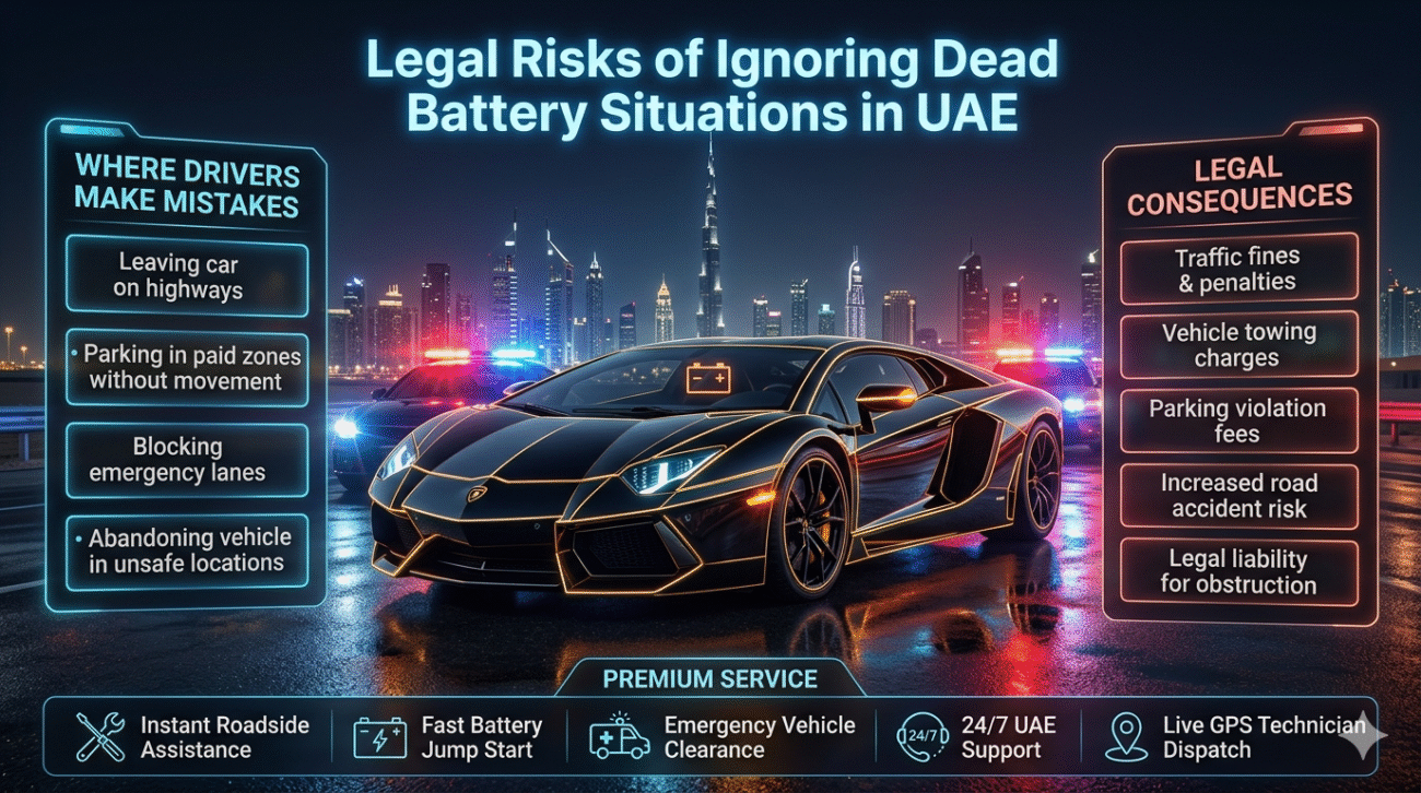 Infographic showing a stalled luxury car on a Dubai highway with highlighted risks of leaving vehicles in unsafe areas and the legal consequences such as fines, towing, and safety hazards.