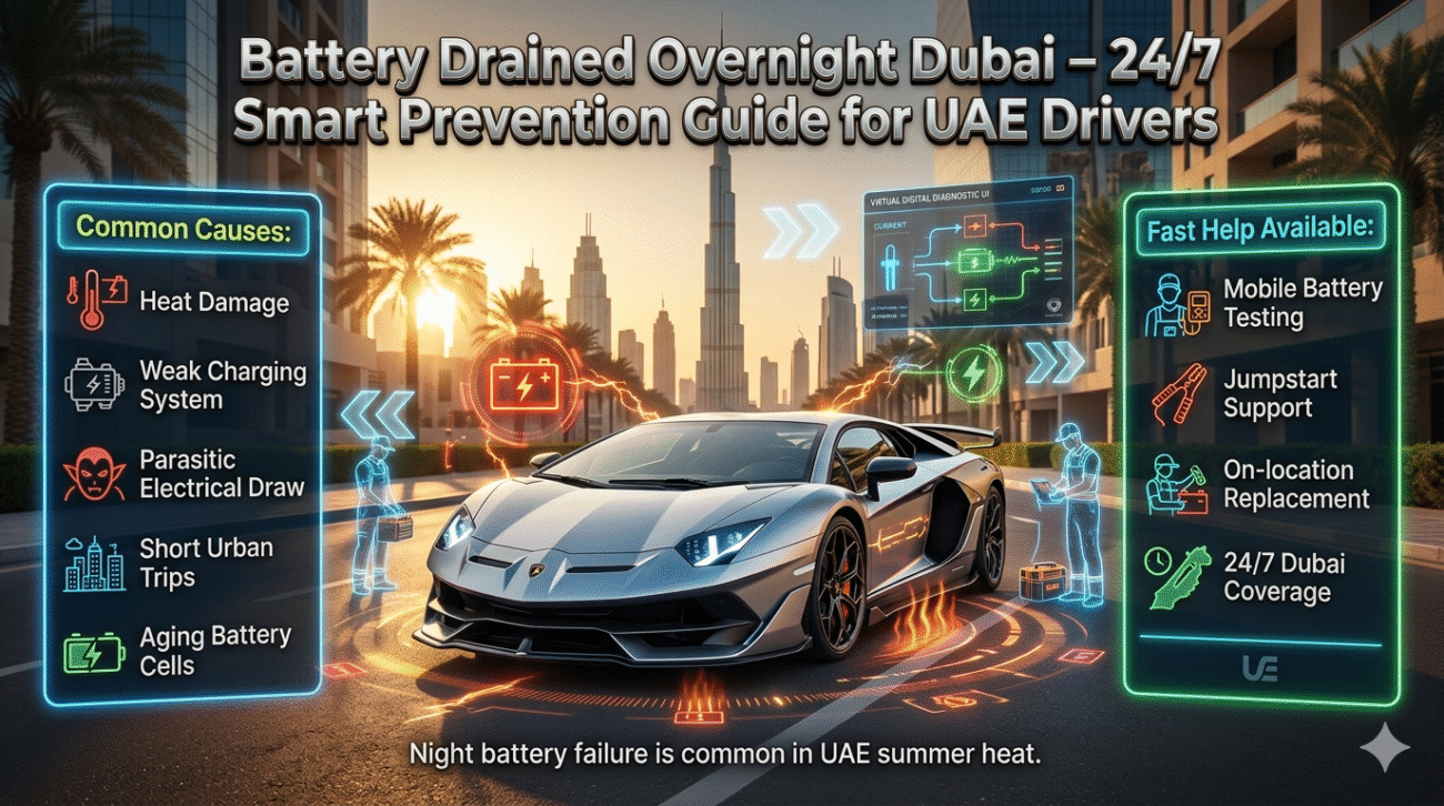 Luxury Dubai roadside assistance infographic with Lamborghini car showing overnight battery drain causes and 24/7 emergency battery help for UAE drivers.