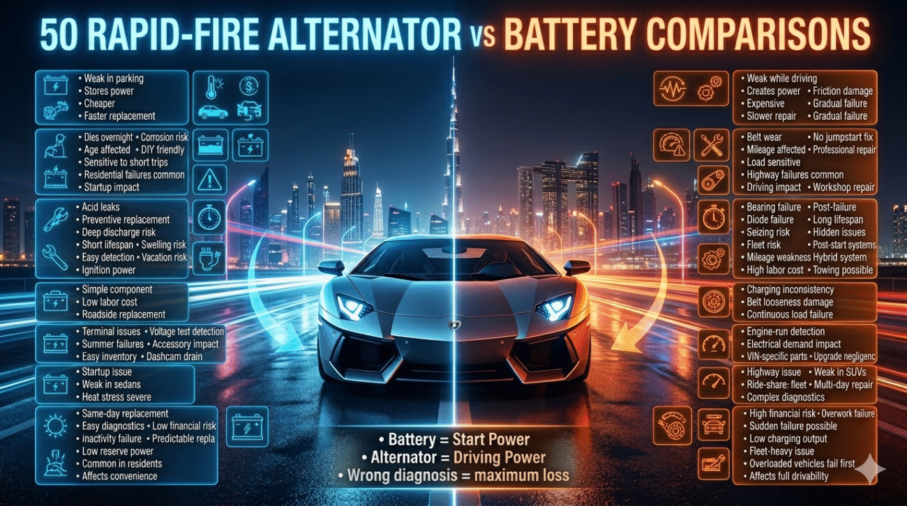 High-density infographic showing 50 rapid comparisons between car battery and alternator with split luxury car visual.