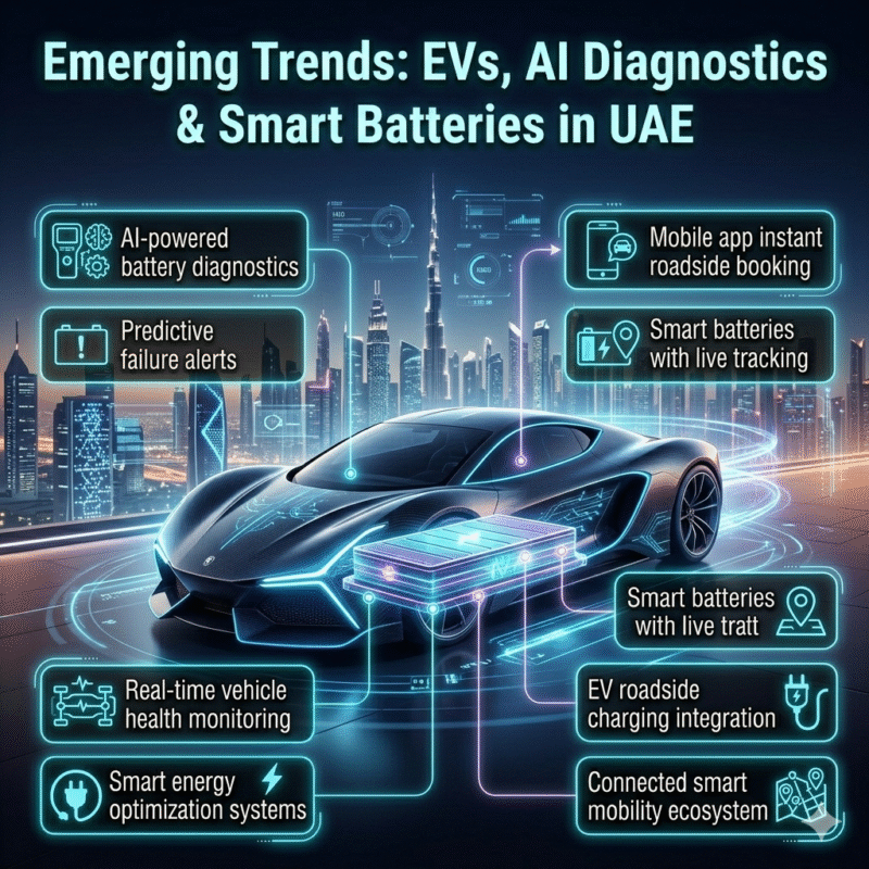 A futuristic electric car in a smart UAE city with glowing holographic panels showing AI diagnostics, EV charging, and smart battery technology trends.