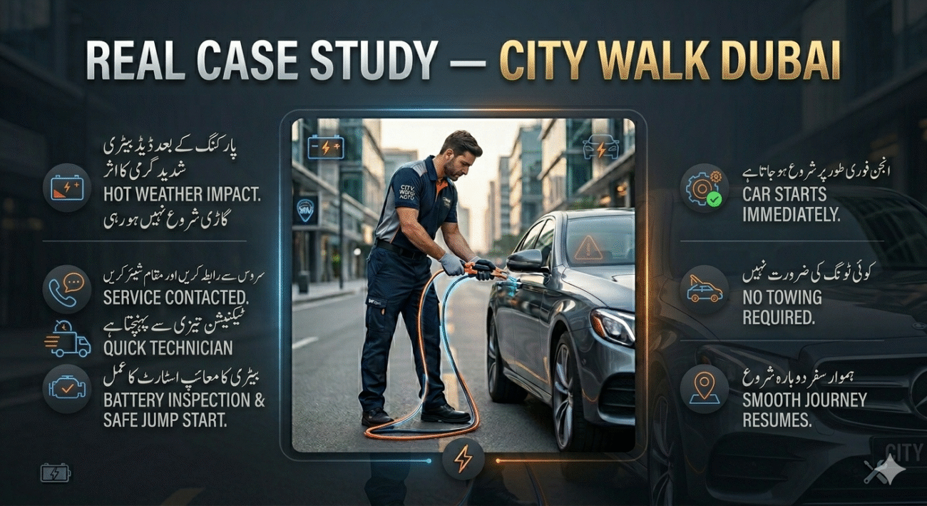 Infographic showing a real case study of car jump start in City Walk Dubai with a nighttime breakdown, technician assistance, and key situation, action, and result points.