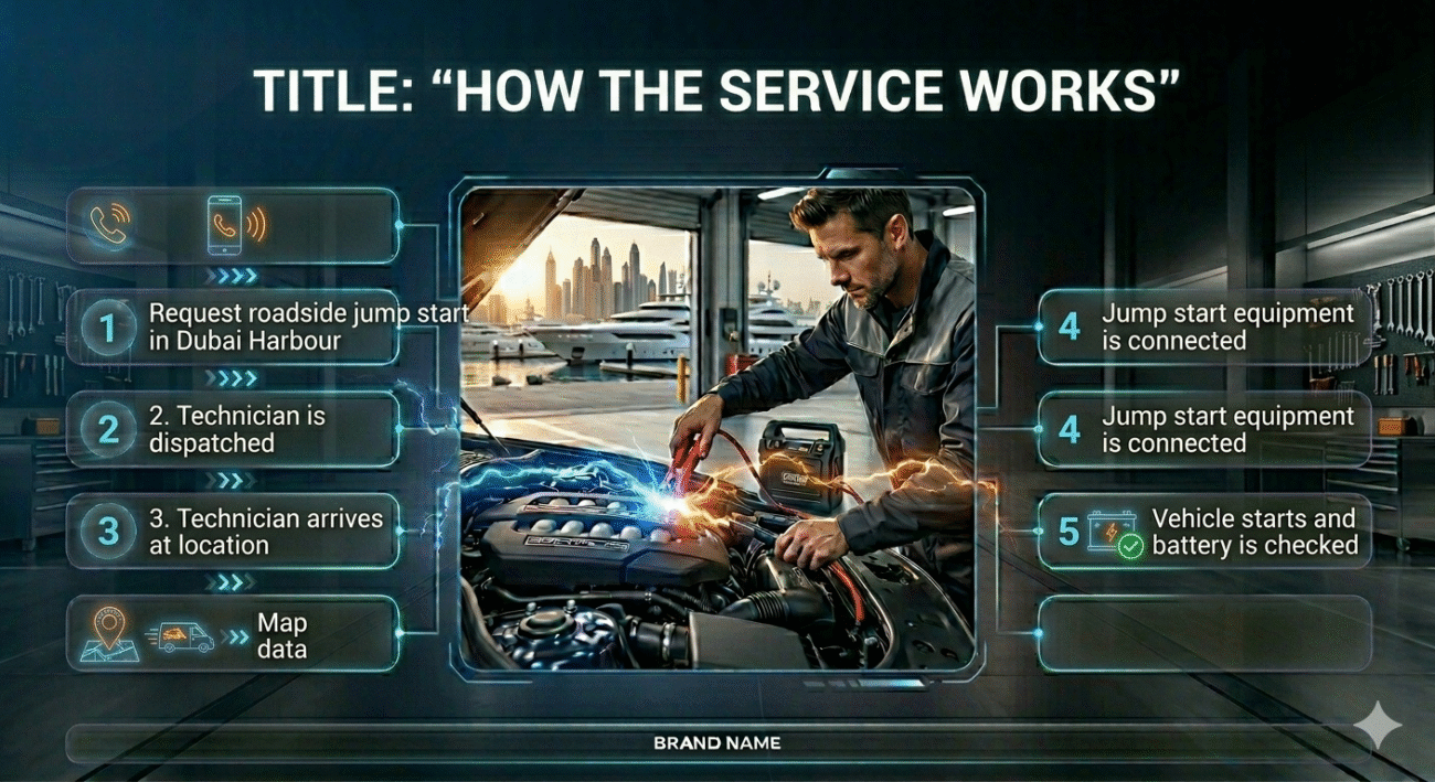 Step-by-step roadside jump start service process shown with a technician helping a car and process steps displayed around the image in a modern guide style.