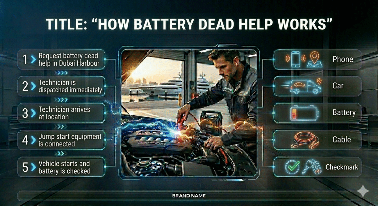 Step-by-step battery dead service showing a technician connecting jump start cables to a car with process steps displayed on the sides.
