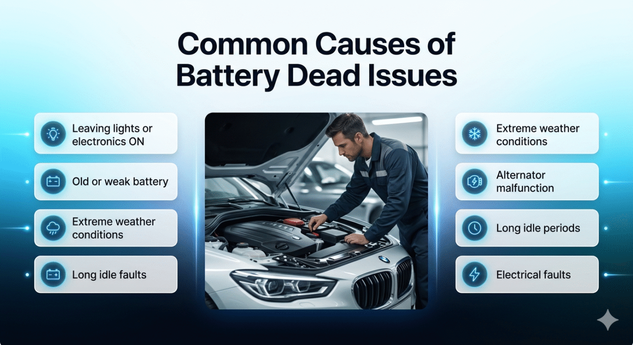 Car battery issues shown with common causes like lights left on, weak battery, alternator fault, and electrical problems in a modern guide layout.