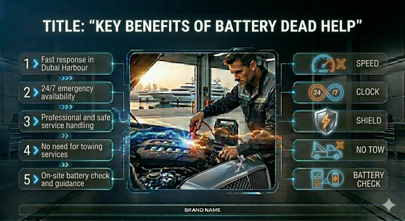 Car battery help service in Dubai Harbour showing a technician working on a vehicle with key benefits displayed around the image.