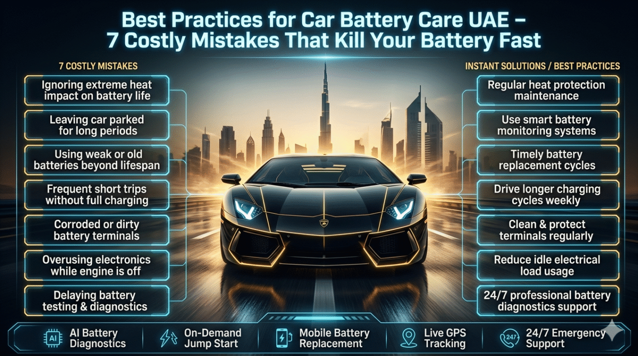 Cinematic infographic showing a luxury Lamborghini-style car in Dubai with seven common car battery mistakes on the left and preventive solutions on the right, highlighting battery care in extreme UAE heat conditions.