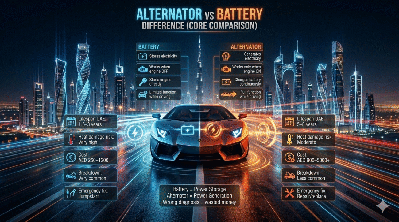Side-by-side infographic comparing car battery and alternator functions, lifespan, cost, Smart Alternator vs Battery difference | Latest Expert Guide 24/7,and breakdown risk with a luxury car in Dubai background.