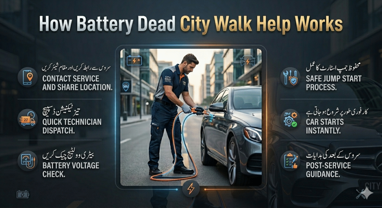 Infographic showing step-by-step battery dead help process in City Walk Dubai with a central technician assisting a car and clear steps listed on the sides.