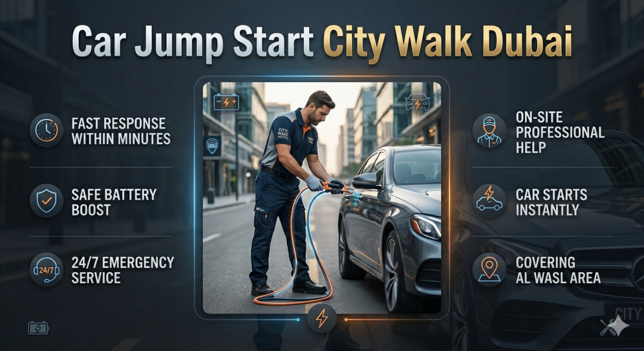 Infographic showing car jump start service in City Walk Dubai with a central car being assisted and key features listed on the sides.