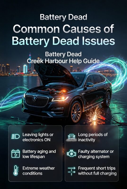 Infographic showing common causes of battery dead issues in Creek Harbour, with a central car and technician, surrounded by causes like lights left on, battery aging, and alternator problems.