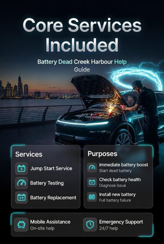 Infographic showing core services for battery dead Creek Harbour help, including jump start, battery testing, replacement, and emergency support with a technician and car in the center.