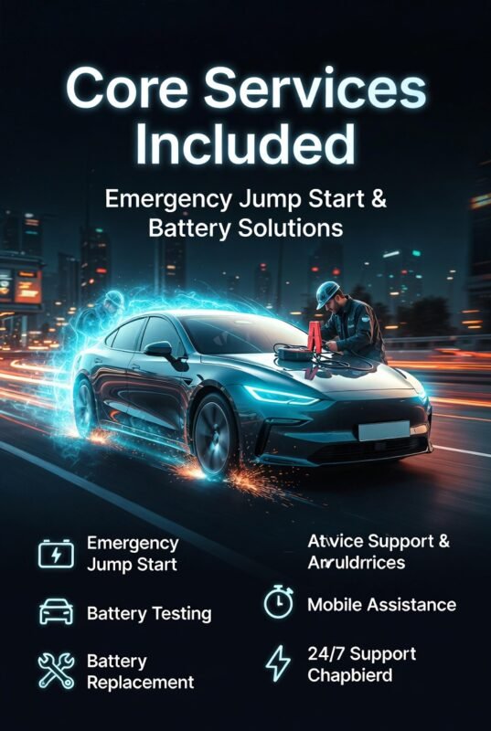 Core services infographic showing emergency jump start, battery testing, battery replacement, mobile assistance, and 24/7 support with a car and technician in a modern design.