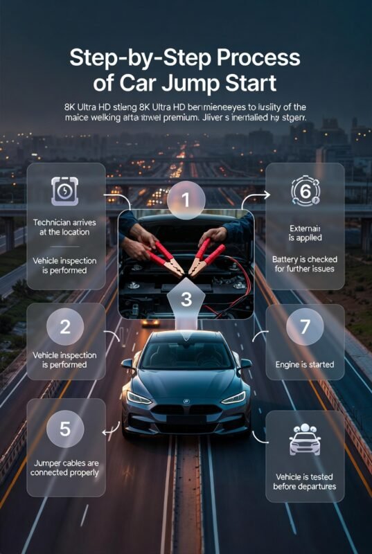 Step-by-step car jump start process with technician connecting cables and numbered guide around a central vehicle