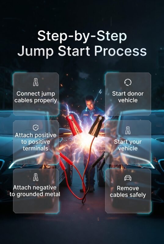 Step-by-step car jump start process with jumper cables connected, showing proper connection, starting procedure, and safe cable removal in a modern guide layout.