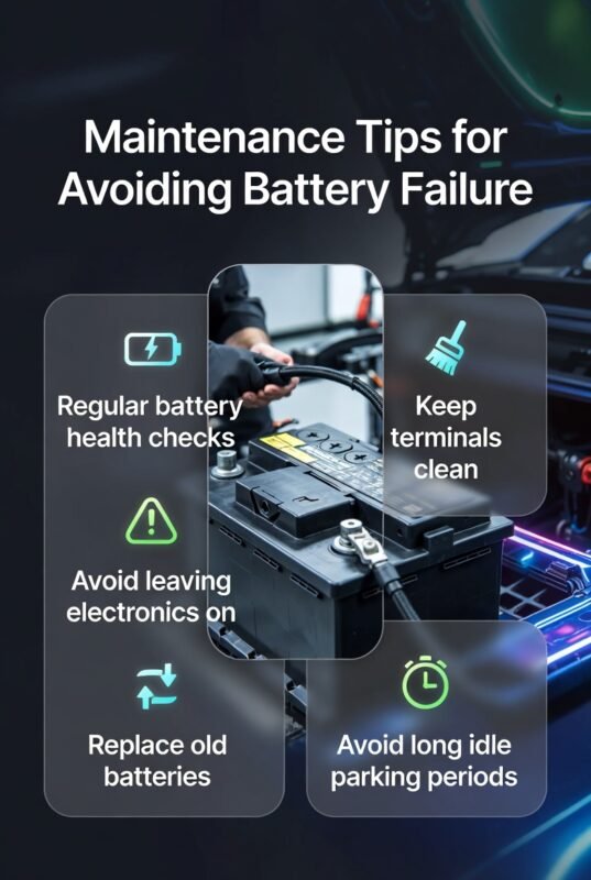 Infographic showing car battery maintenance tips including health checks, cleaning terminals, and avoiding electronics drain.