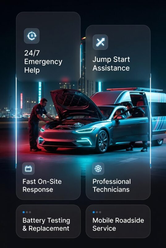 Battery dead car in Al Wasl with roadside technician providing jump start and battery help, shown in a modern user guide layout with key features on sides.