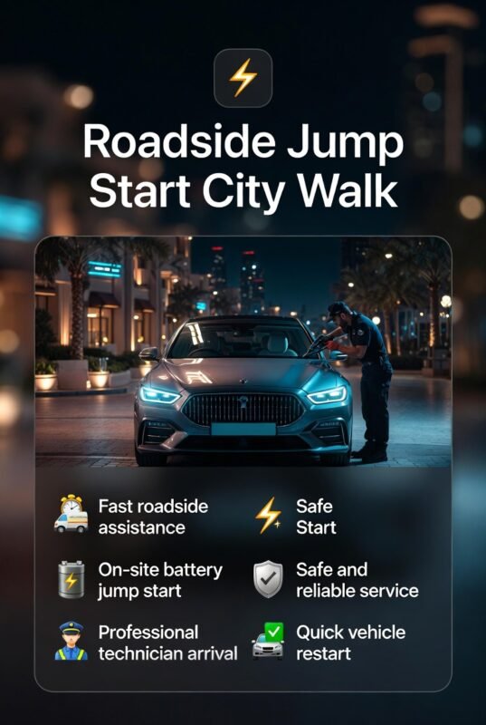 Infographic showing roadside jump start service in City Walk with a technician helping a car and key service points displayed on the sides.