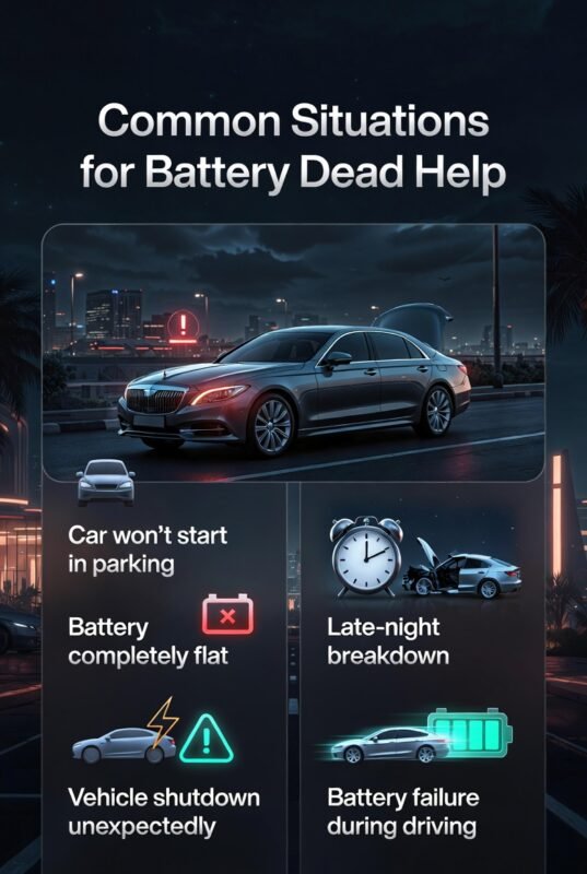 Infographic showing common situations for battery dead help including parking failure, flat battery, and breakdown scenarios with a central car image and side bullet points.