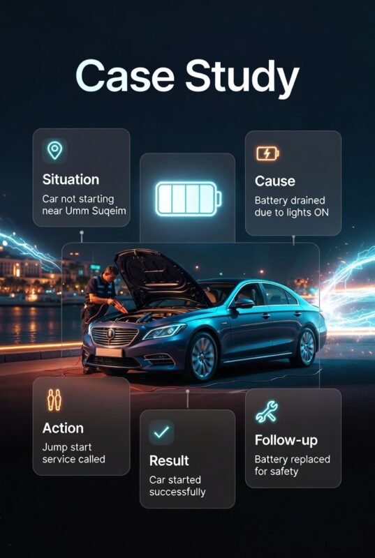 Case study infographic showing a car not starting near Umm Suqeim, with panels describing situation, cause, action, result, and follow-up solution.