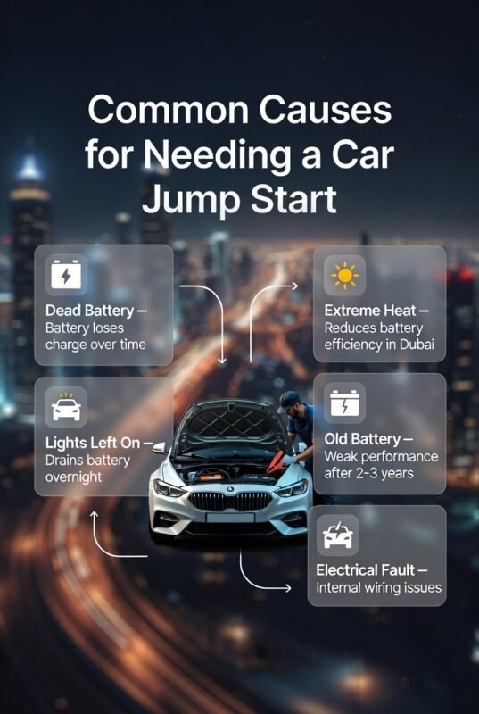 Infographic showing common causes of car jump start with a central car and labeled battery problems around it