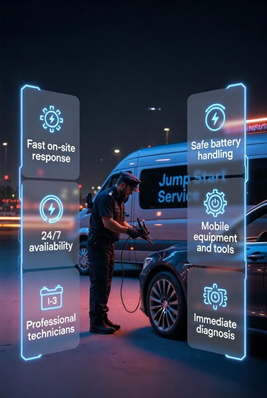 Jump start service features in Al Wasl showing fast response, 24/7 availability, professional technicians, and mobile roadside equipment in a modern layout.