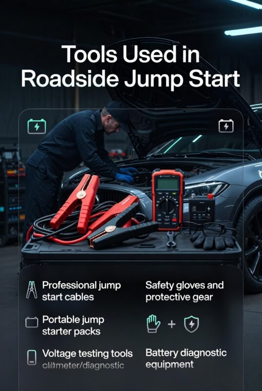 Infographic showing tools used in roadside jump start including cables, jump starter packs, and diagnostic equipment with a technician in the center.