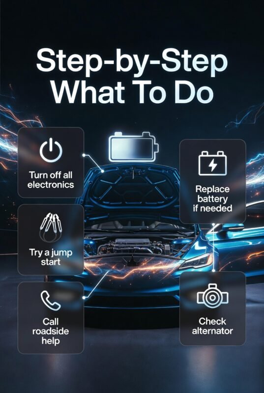 Step-by-step infographic showing what to do when a car battery is dead, with a central car and side panels listing actions like turning off electronics and calling roadside help.