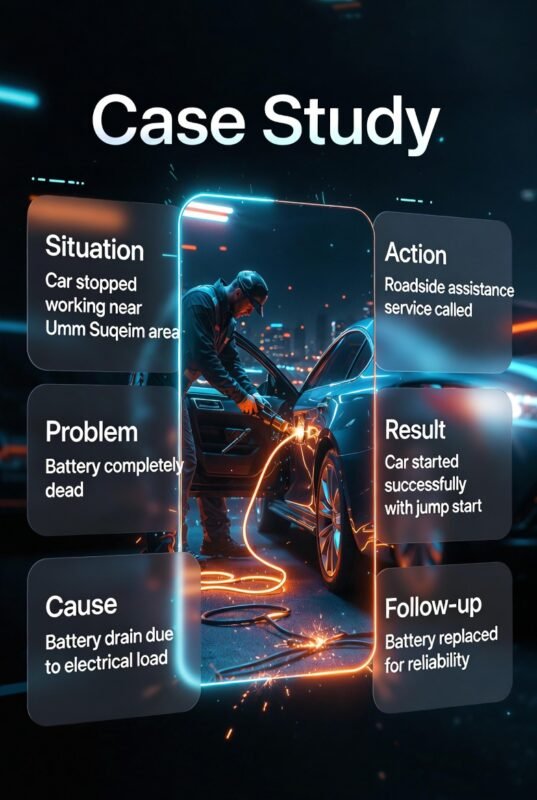 Case study infographic showing a car stopped near Umm Suqeim with panels explaining situation, problem, cause, action, result, and follow-up of roadside assistance.