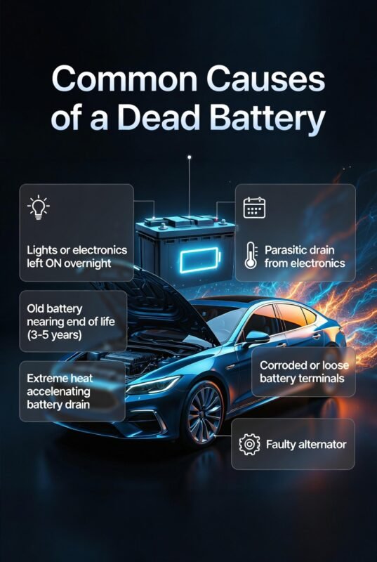 User guide infographic showing common causes of a dead car battery with a central luxury car and side panels listing issues like heat, old battery, and alternator failure.