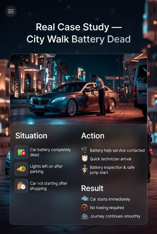 Infographic showing a real case study of battery dead help in City Walk Dubai with a nighttime car breakdown, technician assistance, and situation, action, and result points.