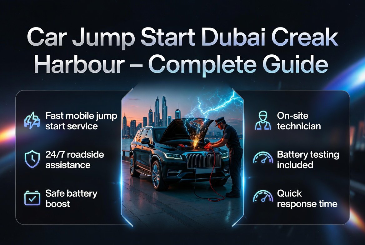 Car jump start Dubai Creek Harbour guide showing a luxury car with a technician using jump cables, surrounded by service features and key information in a modern infographic layout.