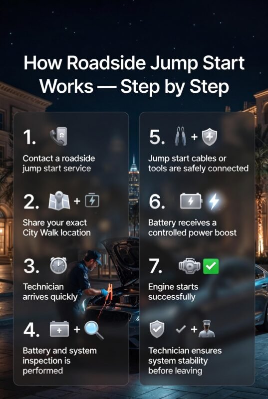 Infographic showing step by step roadside jump start process with a technician assisting a car and service steps displayed on the sides.
