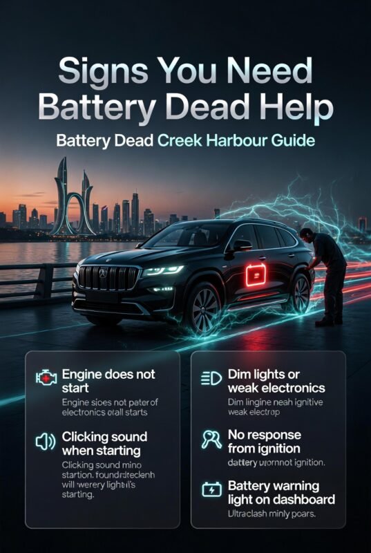 Infographic showing signs of battery dead help in Creek Harbour, including engine not starting, clicking sound, dim lights, and battery warning on dashboard.