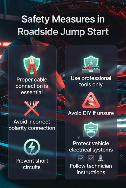 Infographic showing safety measures in roadside jump start with a technician safely connecting cables and safety precautions listed on the sides.