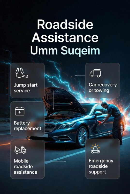 Infographic showing roadside assistance Umm Suqeim with a central luxury car and side panels listing services like jump start, battery replacement, and towing.