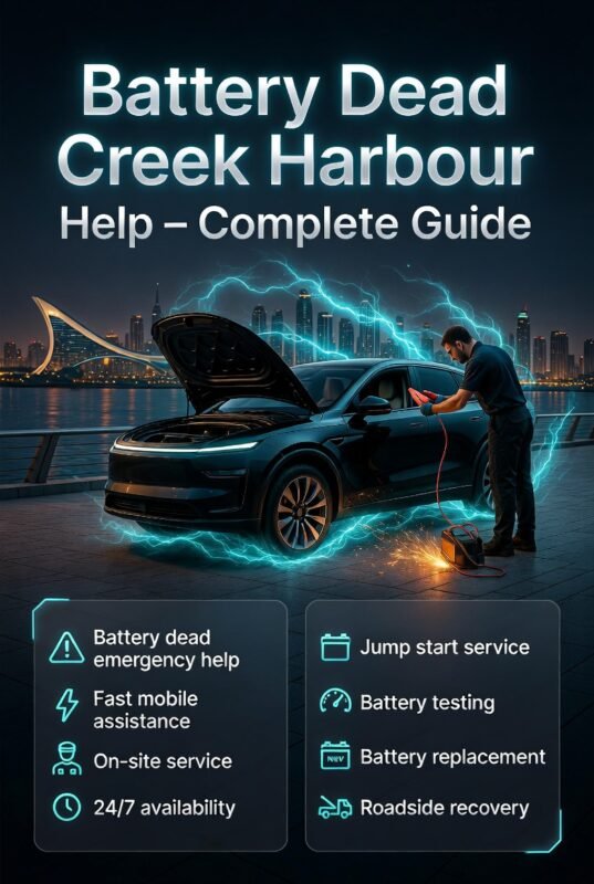 Battery dead Creek Harbour help infographic showing a luxury car with a technician performing a jump start, surrounded by key service points in a modern layout.