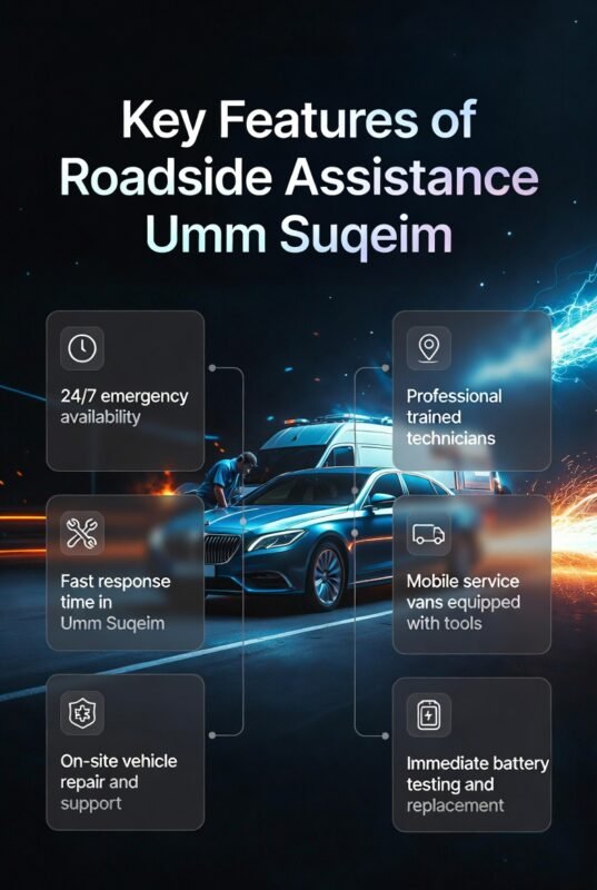 Infographic showing key features of roadside assistance Umm Suqeim with a central car and service panels listing 24/7 availability, fast response, and mobile repair.