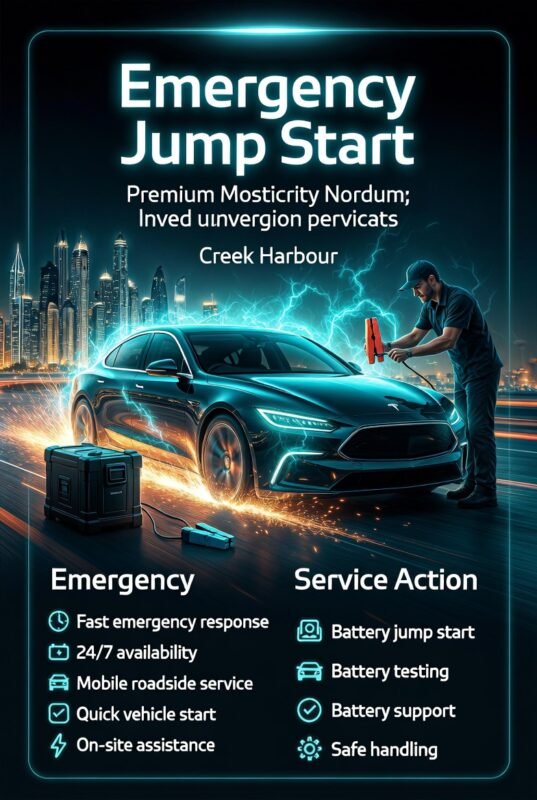 Emergency jump start Creek Harbour infographic showing a luxury car with a technician performing jump start, surrounded by key service points in a modern layout.