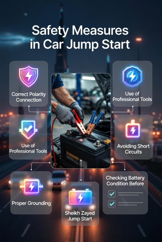 Safety measures for car jump start showing technician correctly connecting battery cables with protective steps highlighted