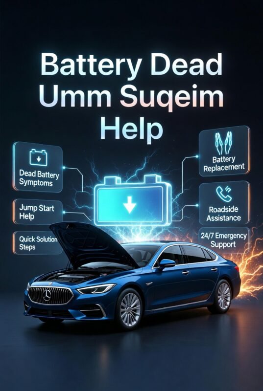 Premium infographic showing “Battery Dead Umm Suqeim Help” with a central luxury car, glowing battery effects, and side panels listing jump start, battery replacement, and roadside assistance tips.