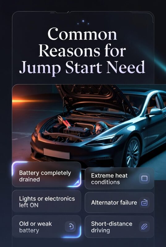 Car with battery issue showing common reasons for jump start need, displayed in a modern guide layout with key causes highlighted on both sides.