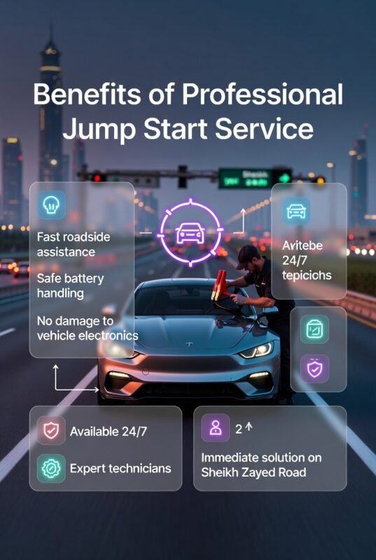 Professional jump start service benefits infographic showing a car and technician with key advantages listed around it