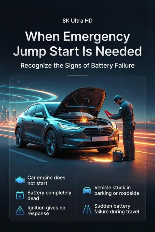 Emergency jump start warning signs infographic showing a car with a dead battery and key indicators like engine failure, ignition issue, and roadside breakdown.