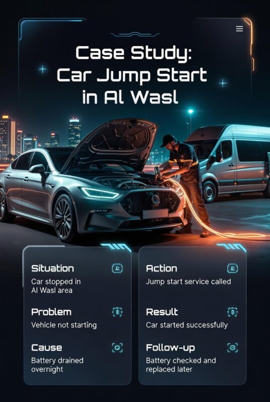 Case study showing a car jump start situation in Al Wasl with problem, cause, action, result, and follow-up displayed in a structured modern layout.