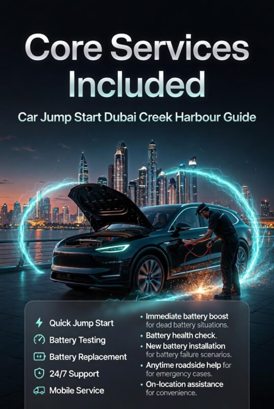 Infographic showing core services for car jump start in Dubai Creek Harbour, featuring a central luxury car with technician, surrounded by service features and descriptions in a modern layout.