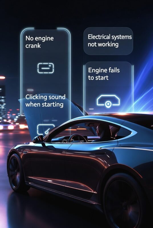 Car showing common signs of jump start need, including no crank, clicking sound, dim lights, and engine failure, displayed in a modern guide layout.