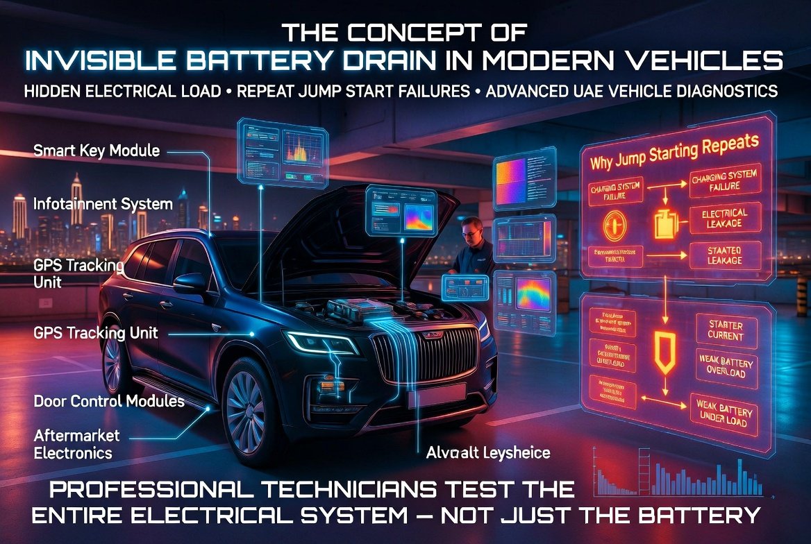 Luxury SUV parked overnight in Dubai underground parking with futuristic battery drain diagnostics showing hidden electrical consumption, ECU communication monitoring, infotainment standby activity, and advanced roadside battery diagnostics in cinematic 16:9 automotive infographic style.